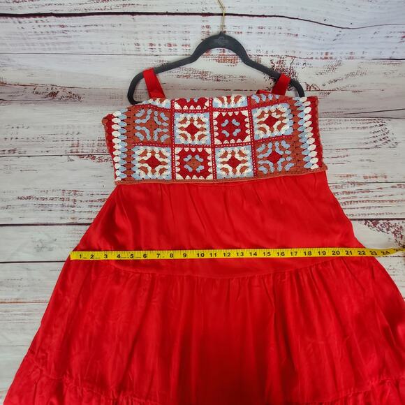 New York & Company L Cottage Ruffle Tier Dress Red Multi Crochet Top Flare Skirt - Picture 14 of 16